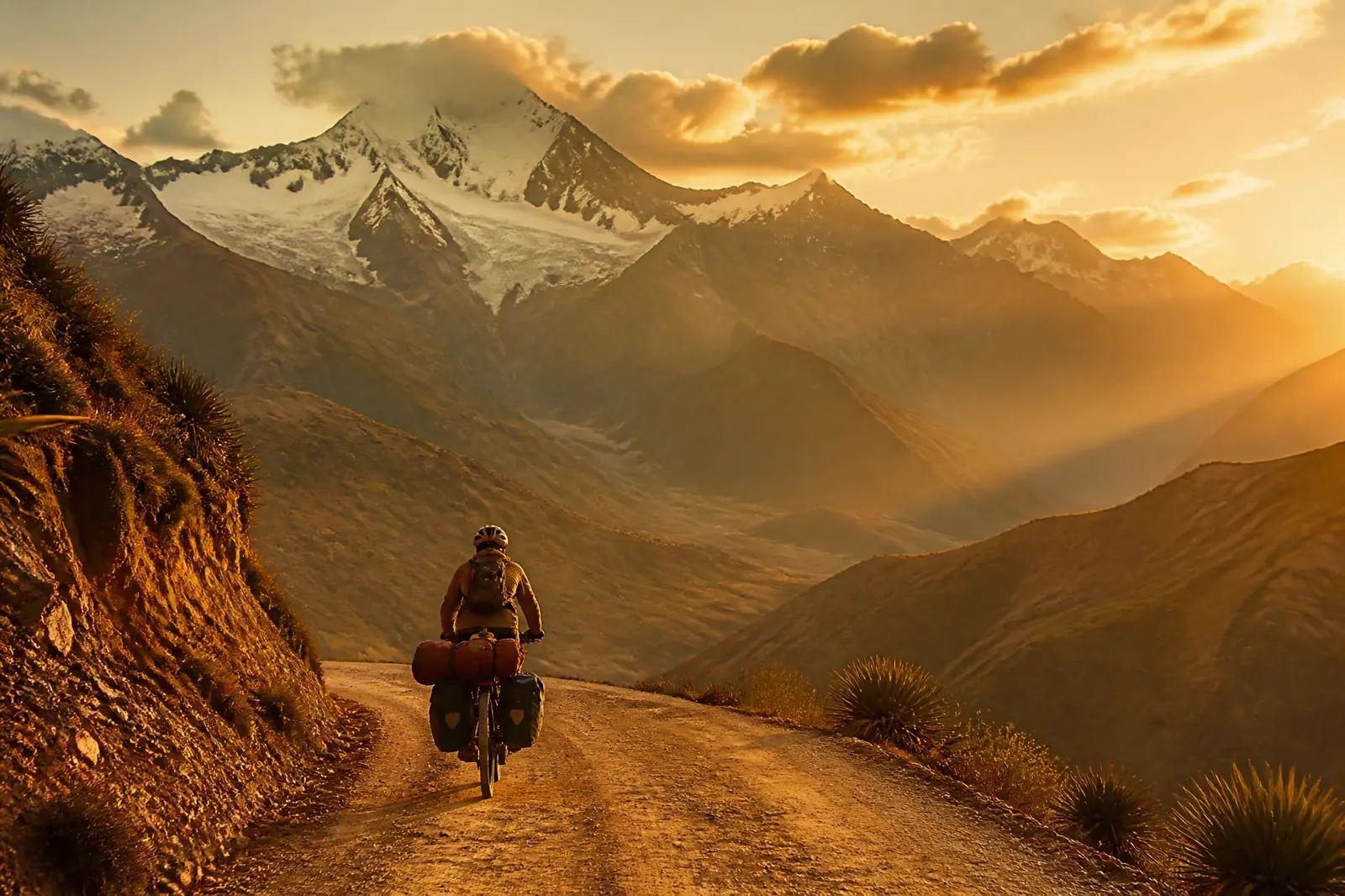 Cicloviajante atravessando os Andes ao pôr do sol